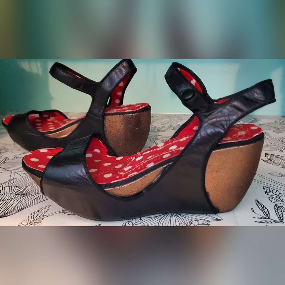 Irregular Choice Black Leather Wedge Platform Sandals
